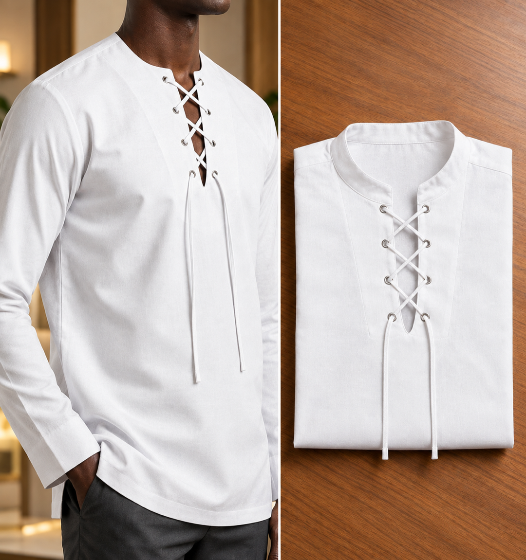 Chemise blanche lacée — blanche à laçage, portée et pliée
