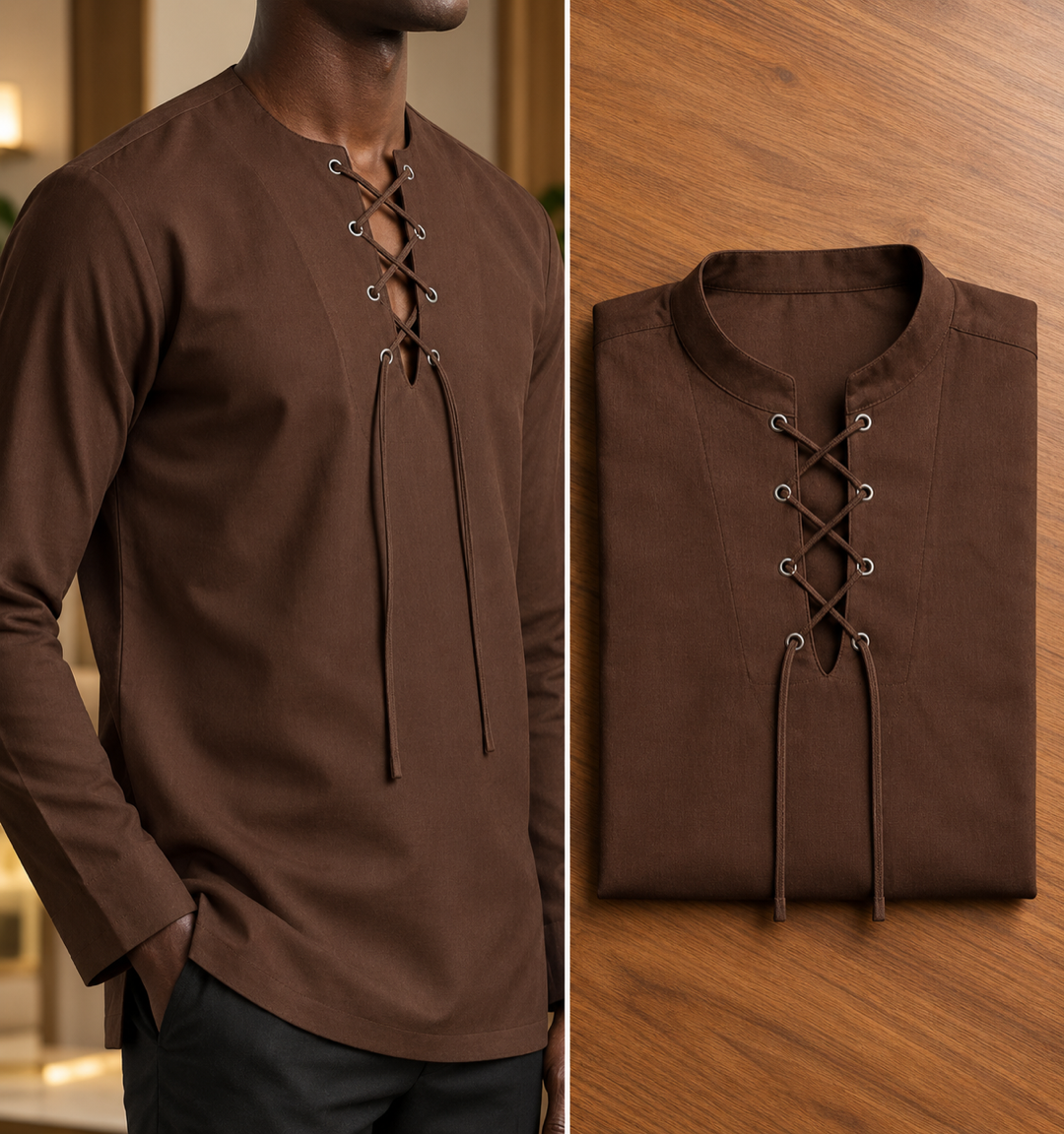 Chemise marron lacée — marron à laçage, portée et pliée