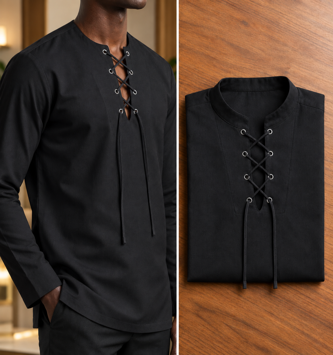 Chemise noire lacée — noire à laçage, portée et pliée