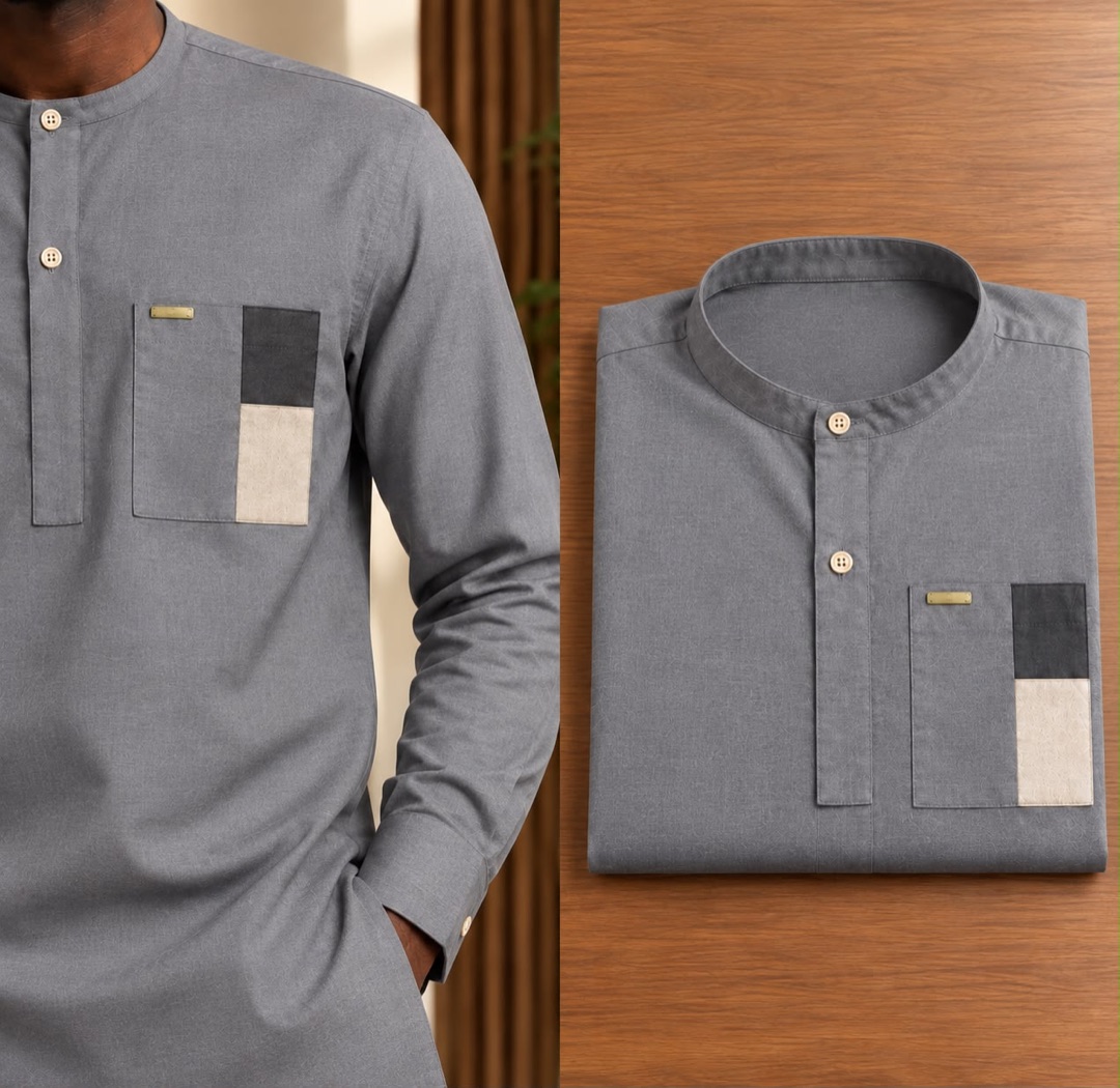 Tunique grise à poche noir et beige — gris, portée et pliée