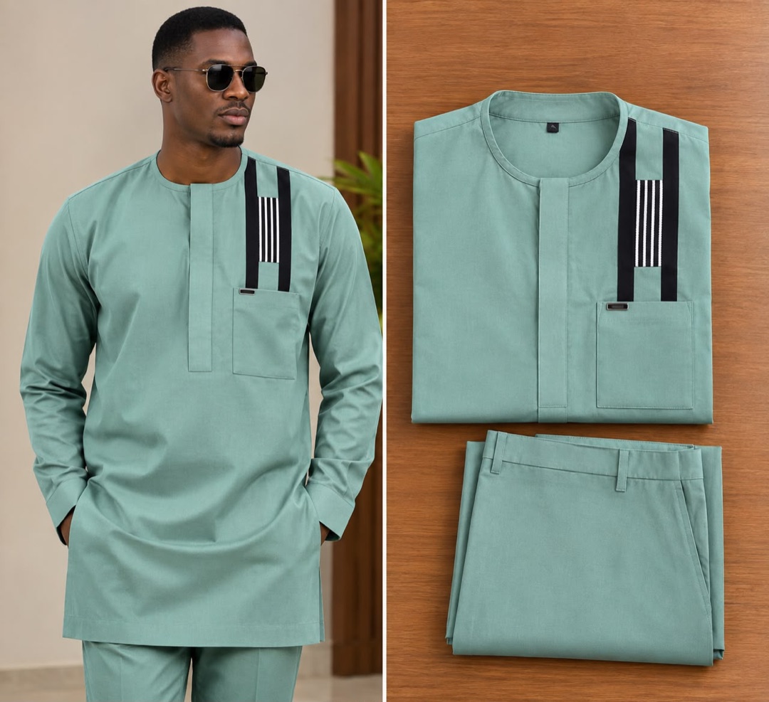 Ensemble vert sauge à liserés noirs — vert sauge, tunique et pantalon
