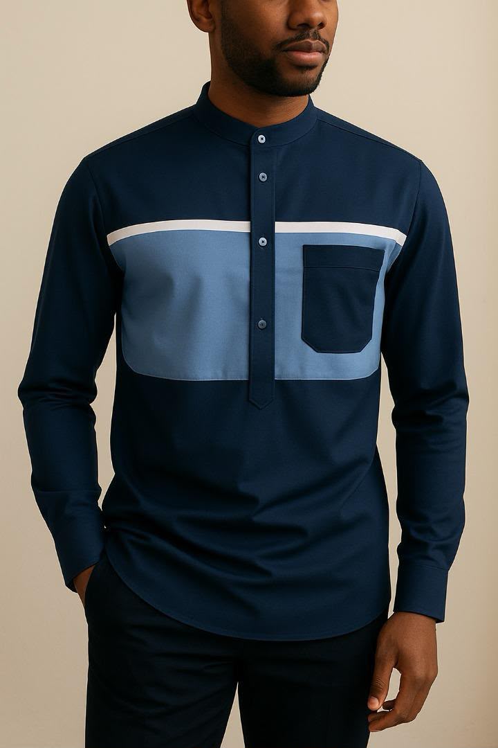 Chemise marine à empiècement bleu ciel — bleu marine, portée