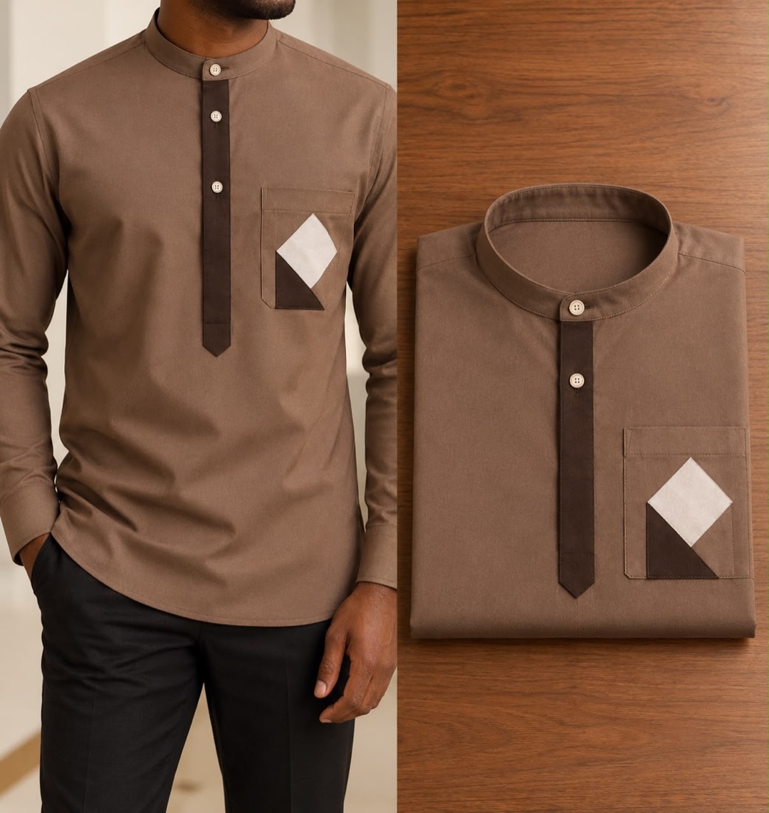 Tunique taupe à losange beige — taupe, portée et pliée