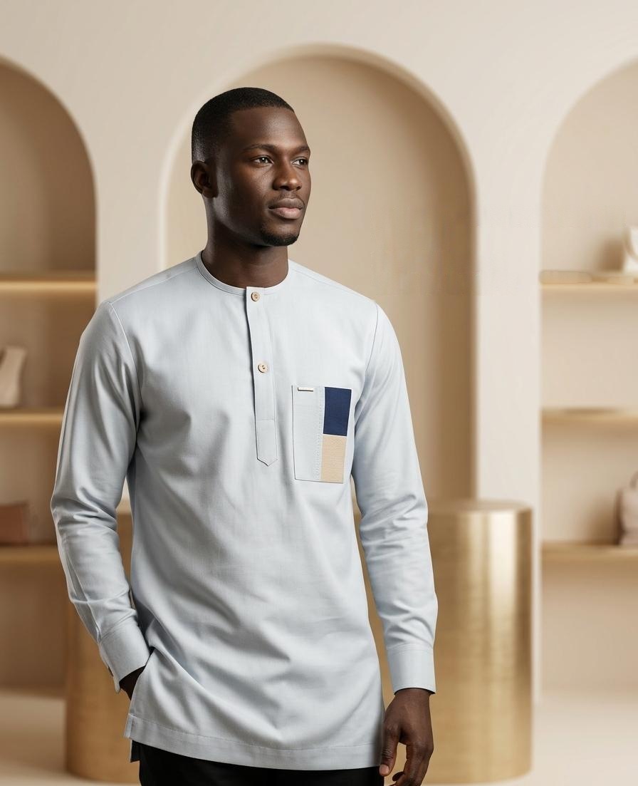 Chemise gris perle à poche bicolore — gris perle, portée