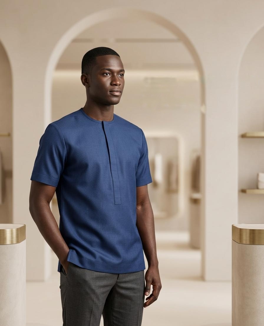 Chemise marine à manches courtes — bleu marine, portée