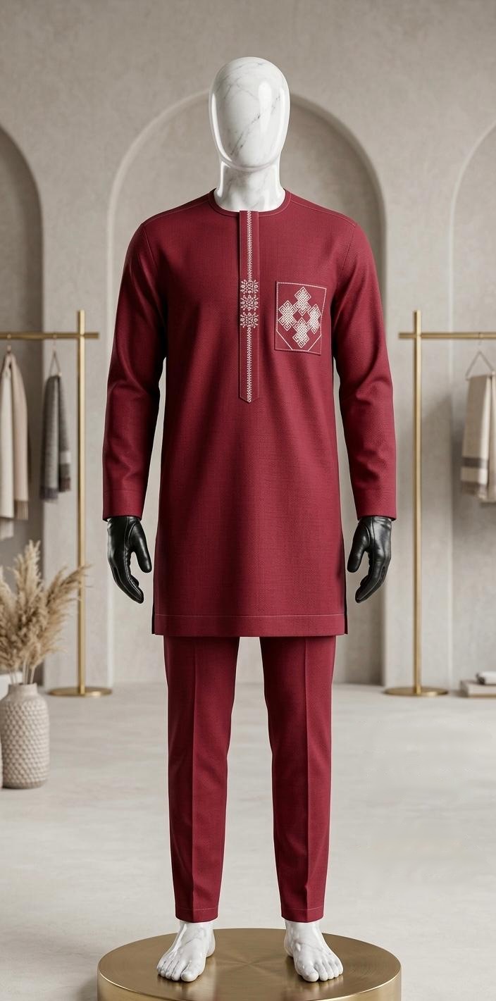 Ensemble bordeaux à poche brodée — ensemble bordeaux sur mannequin