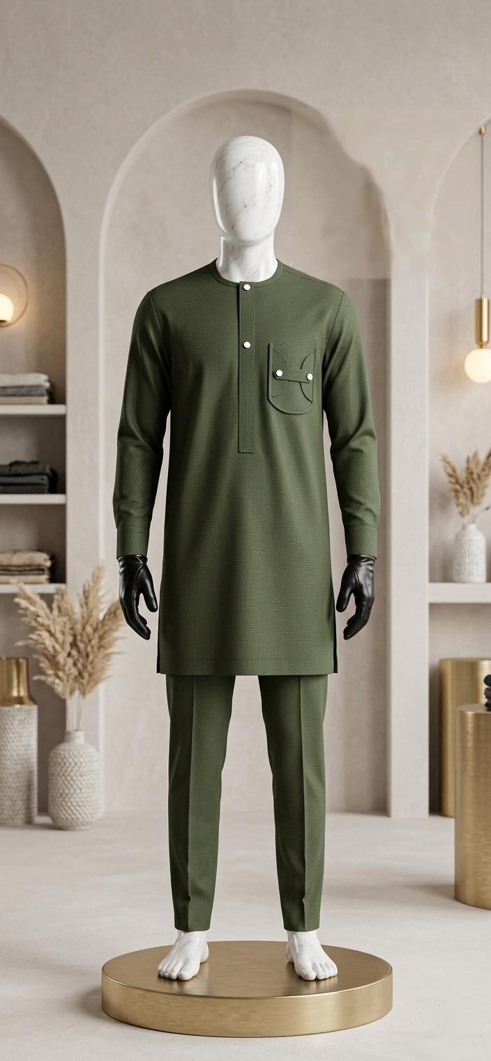 Ensemble olive à poche boutonnée — ensemble vert olive sur mannequin