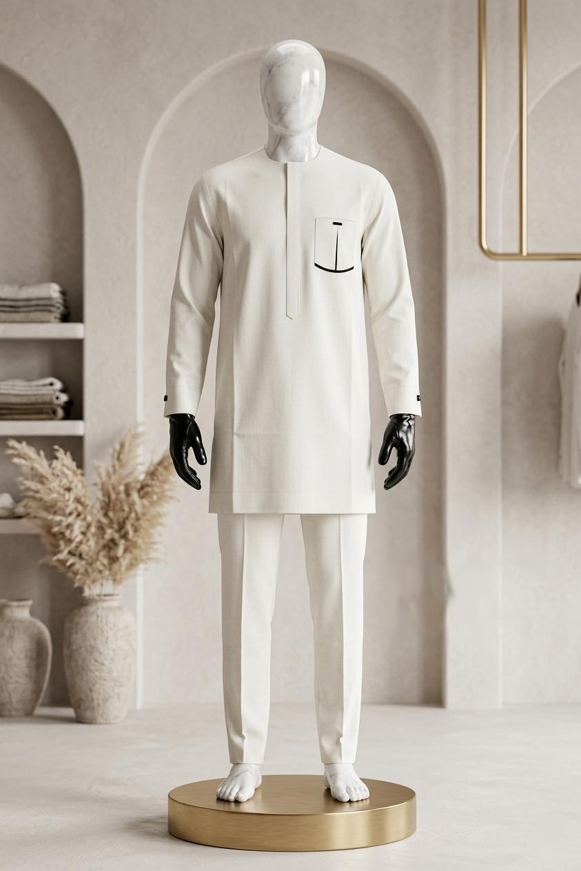 Ensemble blanc cassé à poche noire — ensemble blanc cassé sur mannequin