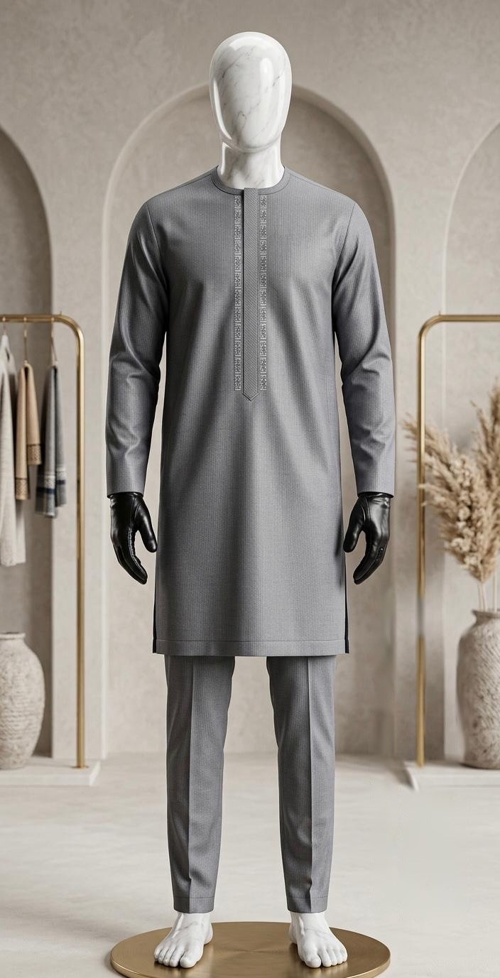 Ensemble gris brodé ton sur ton — ensemble gris sur mannequin