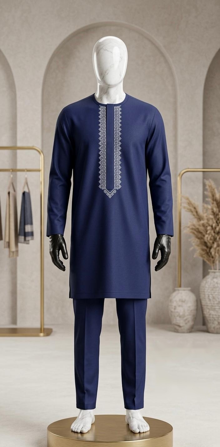 Ensemble marine à plastron brodé — ensemble bleu marine sur mannequin